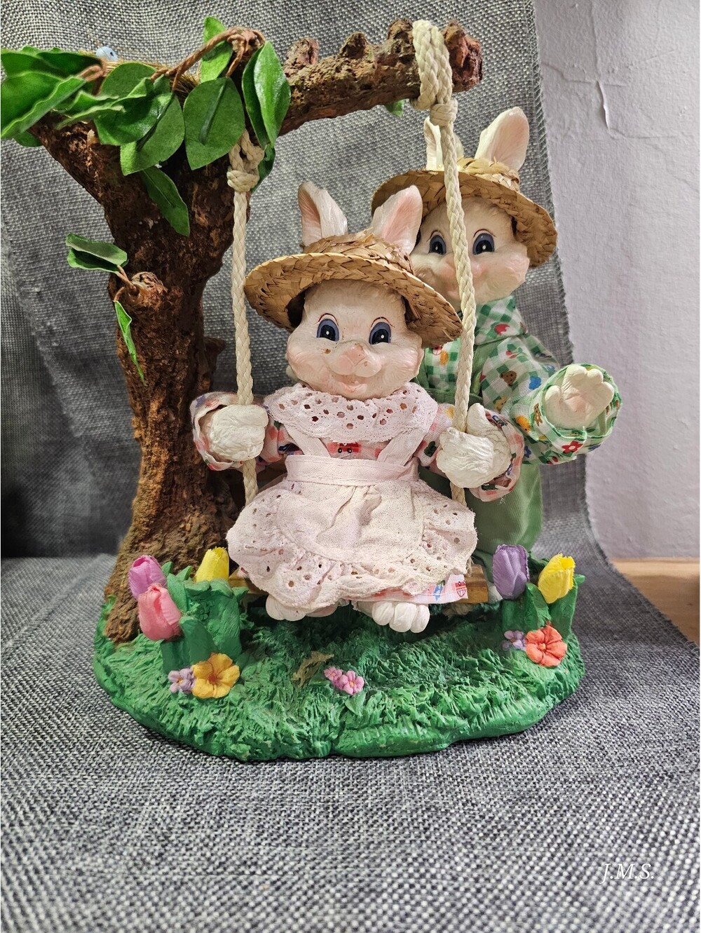 Vintage Ceramic Bunny Figurines on Swing with Tree and Bird Nest Decoration